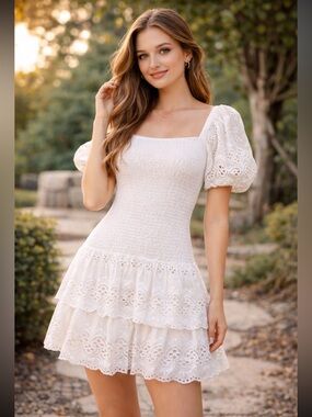 STS SAIL TO SABLE WHITE EYELET PUFF SLEEVE DRESS LARGE SMOCKED